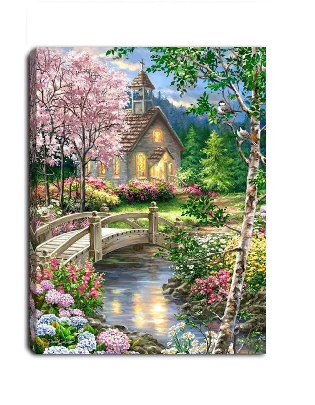 Springtime Chapel Lighted 8"x6" Canvas