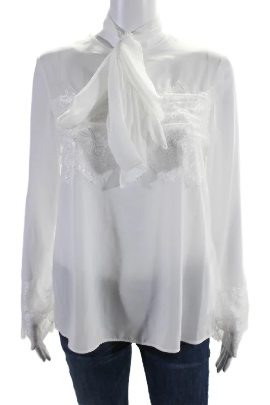 Theo Womens Long Sleeves Idalia Lace Trim Bow Blouse Ivory White