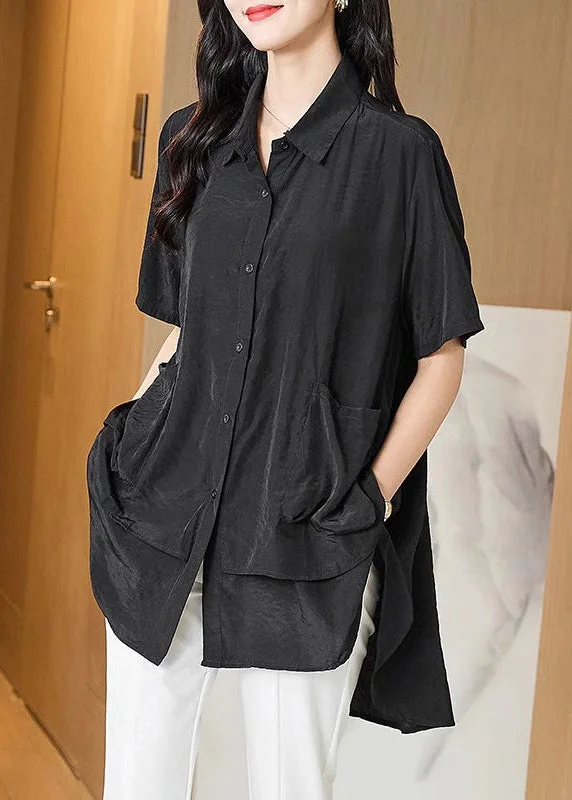 Unique Black Button Low High Design Patchwork Cotton Shirt Fall