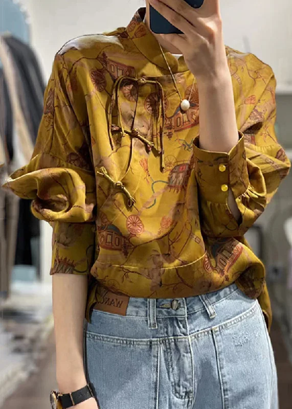 Vintage Yellow Button Print Patchwork Silk Shirt Fall