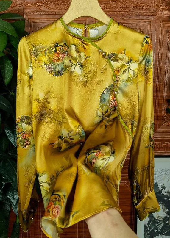 Vintage Yellow Button Print Patchwork Silk Shirts Long Sleeve