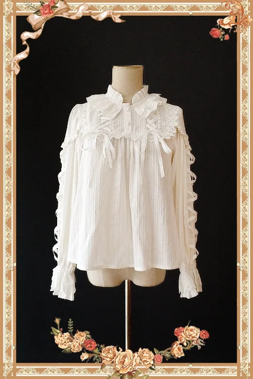 Infanta~Warm Tea~ Cute Ribbon Long Sleeves Cotton Blouse