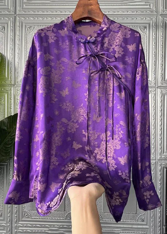 Women Purple Print Lace Up Patchwork Silk Shirts Long Sleeve