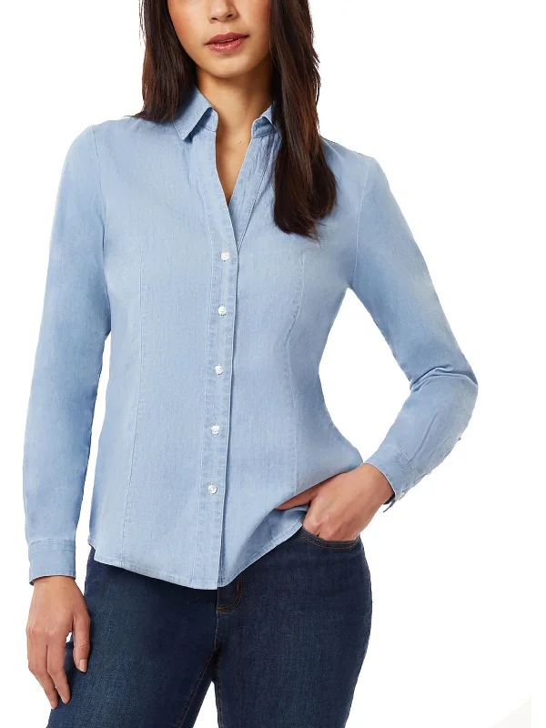 Womens Chambray Long Sleeves Button-Down Top