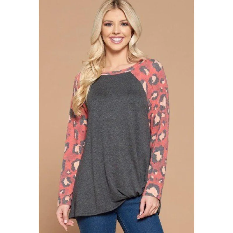 Casual French Terry Side Twist Top With Animal Print Long Sleeves