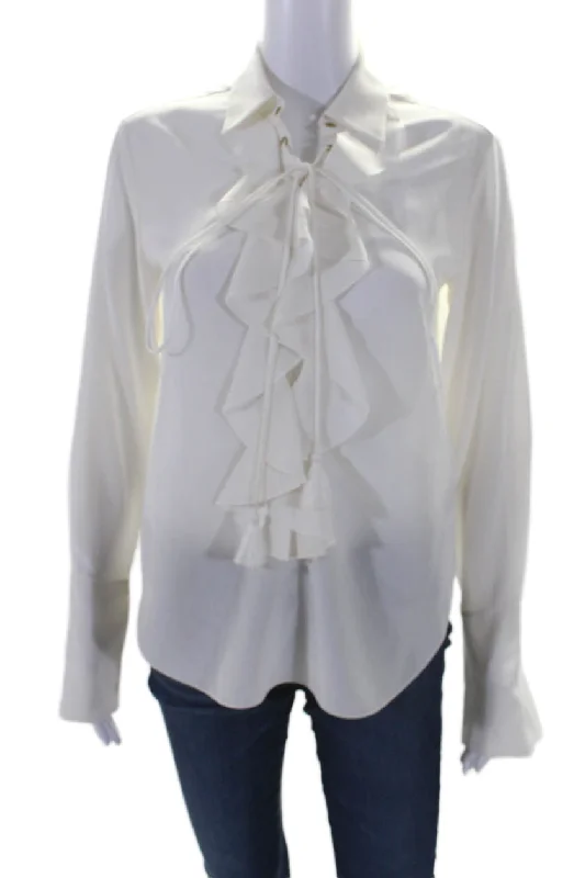 Chloe Womens Silk Ruffled Lace Up Long Sleeves Blouse White