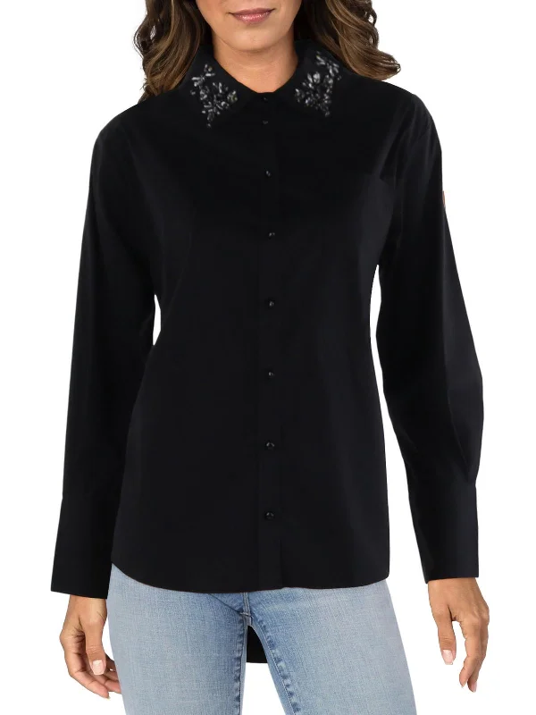 Womens Embellished Long Sleeves Button-Down Top