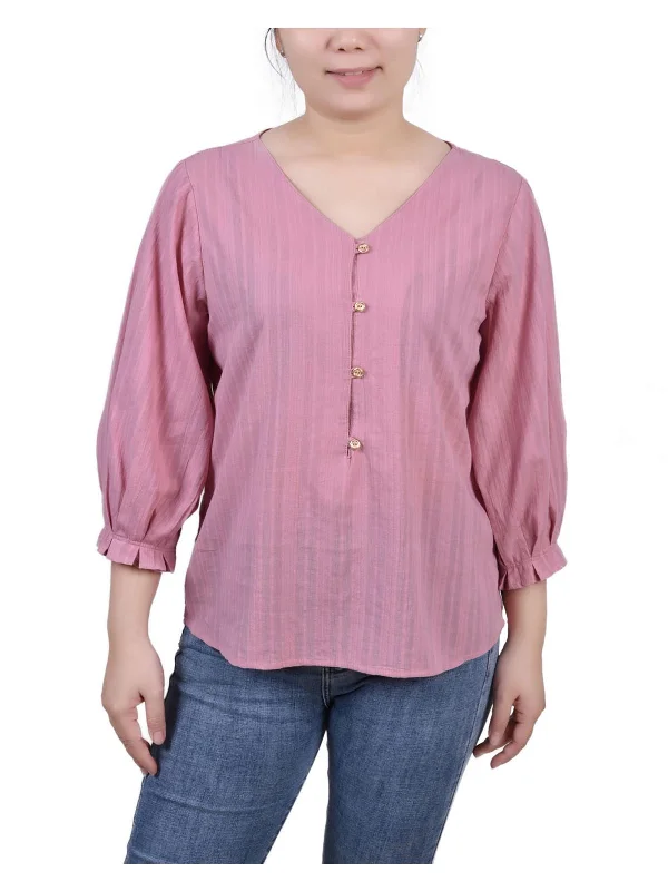 Petites Womens Ribbed Long Sleeves Button-Down Top