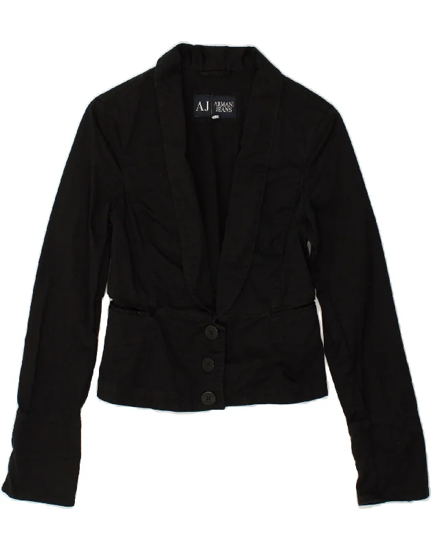 ARMANI JEANS Womens 3 Button Blazer Jacket UK 8 Small Black Cotton