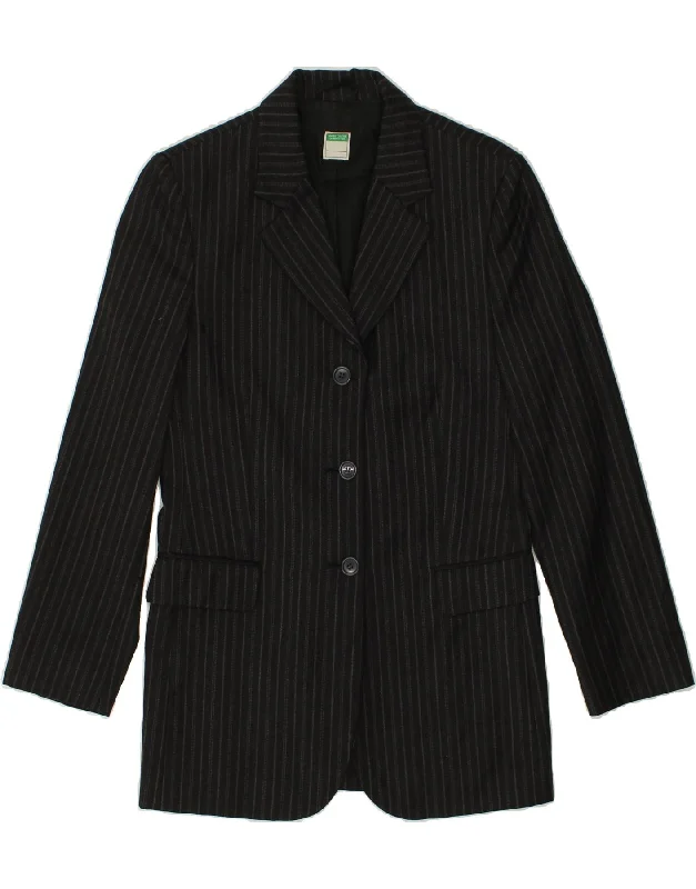 BENETTON Womens 3 Button Blazer Jacket IT 40 Small Black Striped Wool