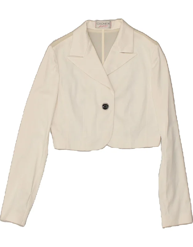 COCONUDA Womens Crop 1 Button Blazer Jacket UK 12 Medium White Cotton