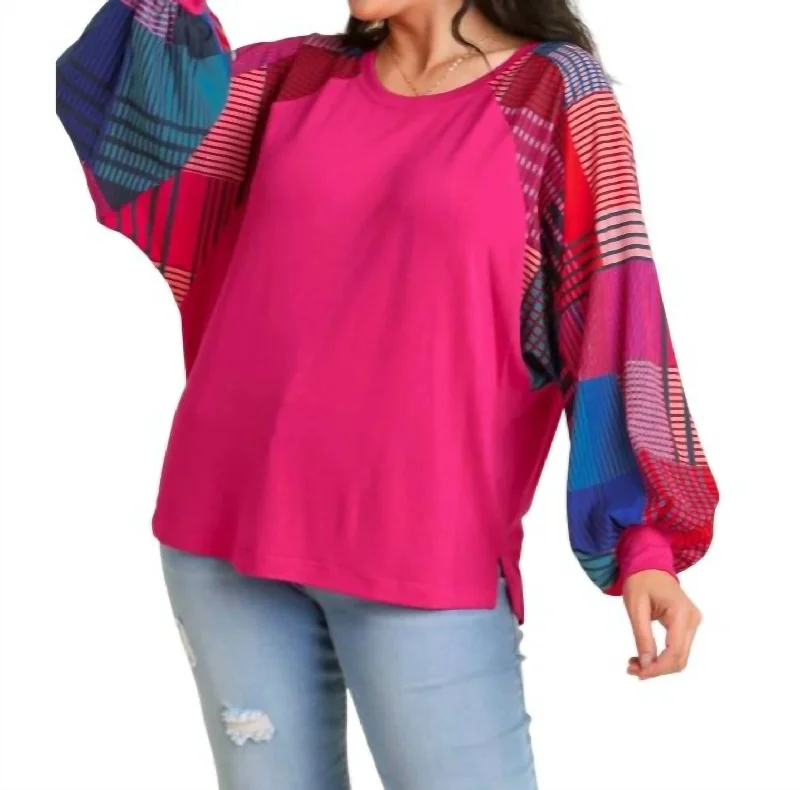 Mixed Print Long Sleeves Top In Magenta