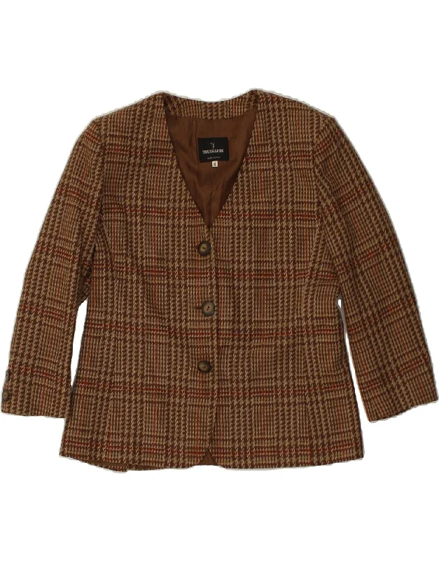 TRUSSARDI Womens 3 Button Blazer Jacket US 14 XL Brown Check Wool