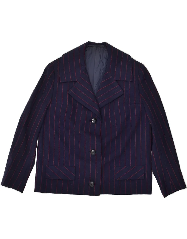 VINTAGE Womens 3 Button Blazer Jacket UK 14 Large Navy Blue Pinstripe