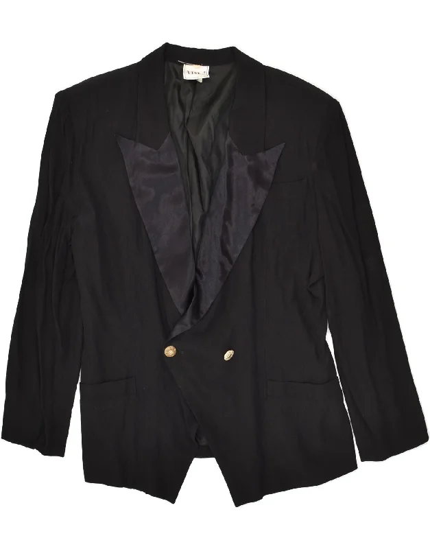 VINTAGE Womens Double Breasted Blazer Jacket EU 40 Medium Black Acetate