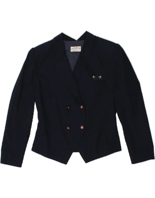 VINTAGE Womens Double Breasted Blazer Jacket UK 14 Medium Navy Blue Cotton