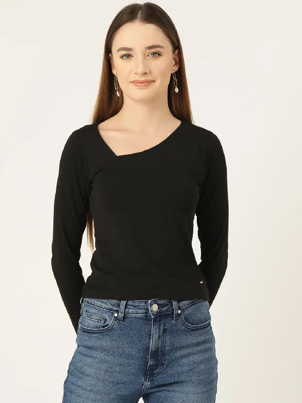 FEMEA Asymmetric Neck Long Sleeves Cotton Fitted Top