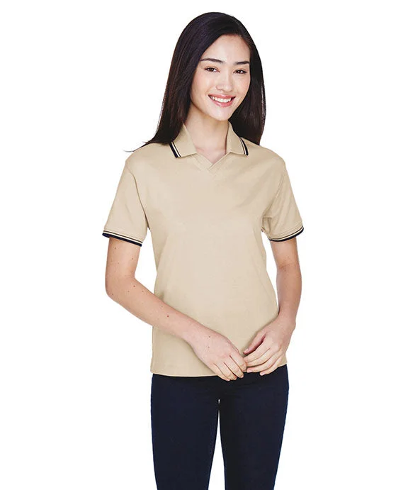 D140W - Devon & Jones Ladies Tipped Perfect Pima Interlock Polo | Stone/Navy