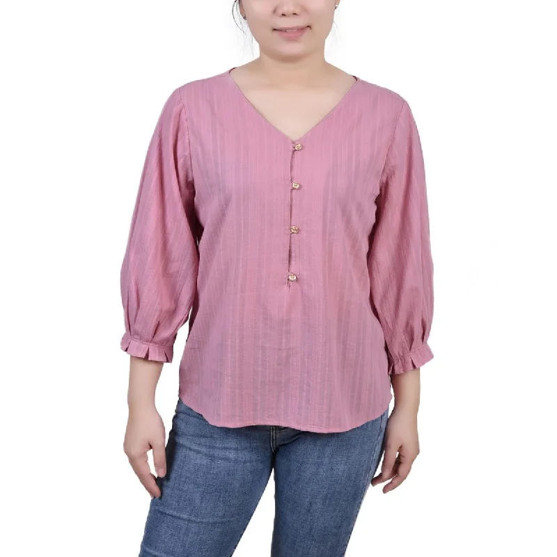 NY Collection Womens Petites Ribbed Long Sleeves Button-Down Top