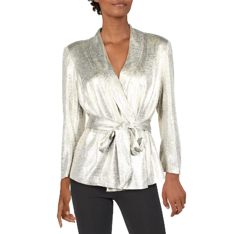 Adrianna Papell Womens Metallic Long Sleeves Wrap Top