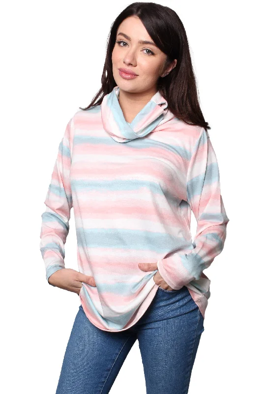 Women's Long Sleeves Cowl Neck Tie Dye Stripes Top