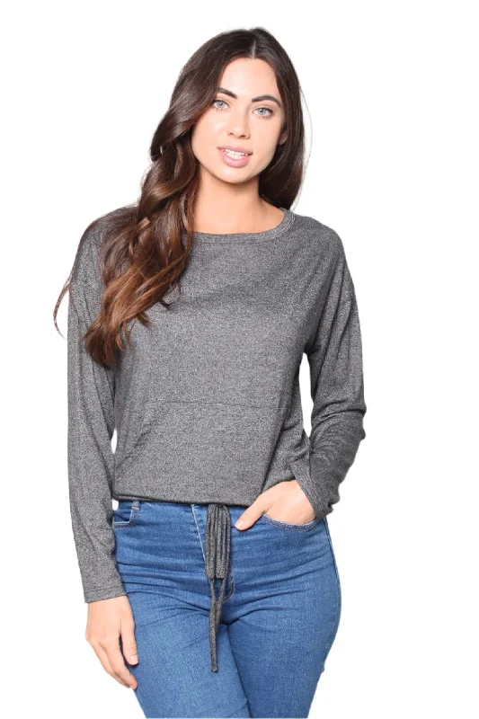 Women's Long Sleeves Round Neck Tie Front Top