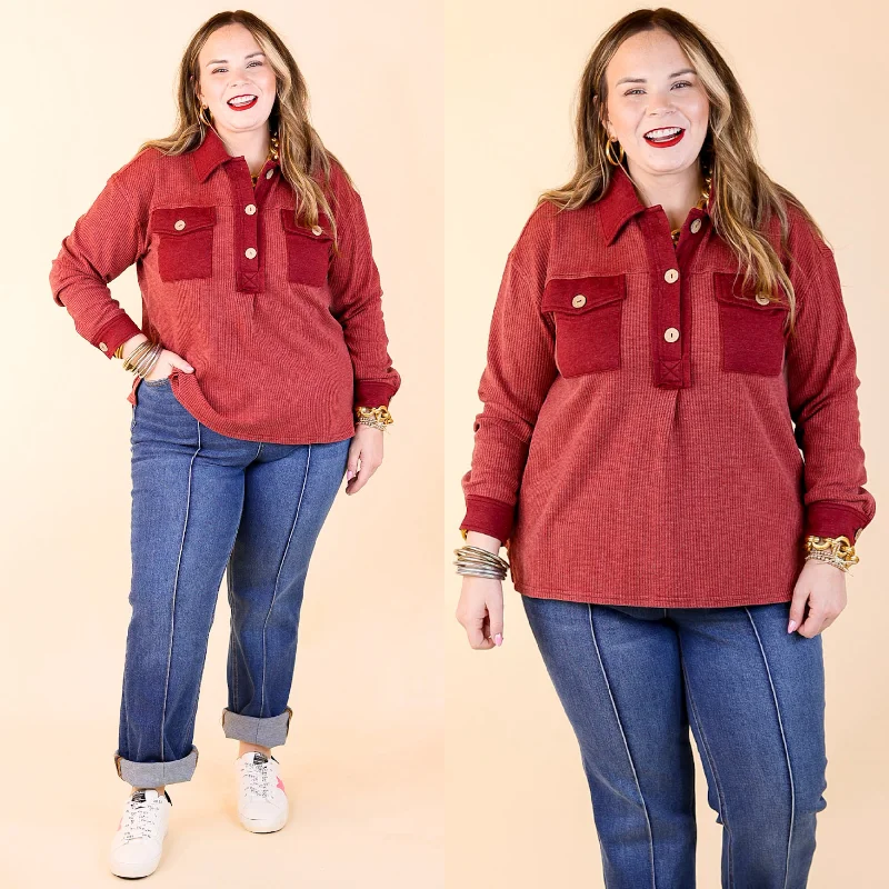 Cozy Welcome Waffle Knit Collared Top with Long Sleeves in Maroon