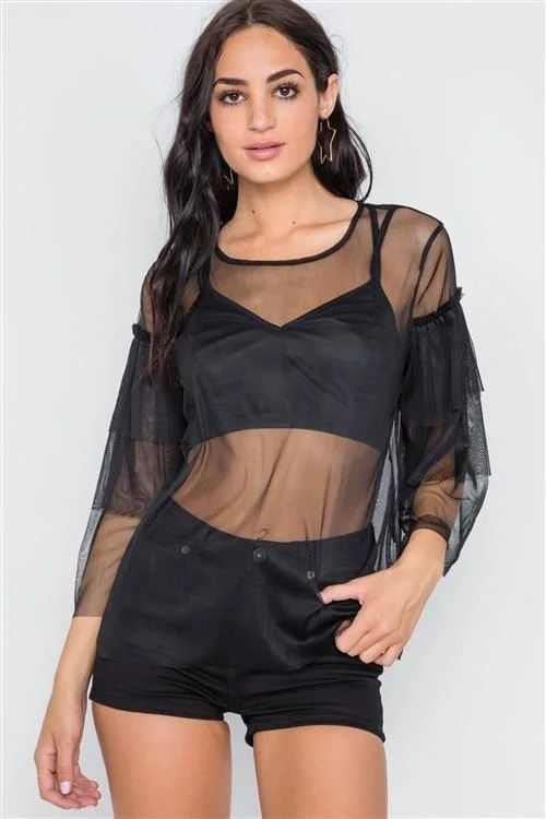 Black Sheer Two Piece Mash Long Sleeves Top