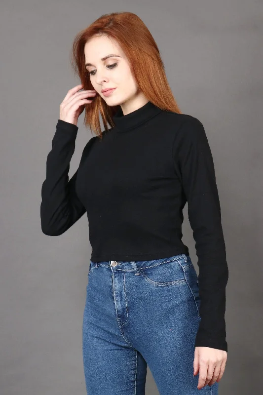 Black Solid High Neck Top with Long Sleeves