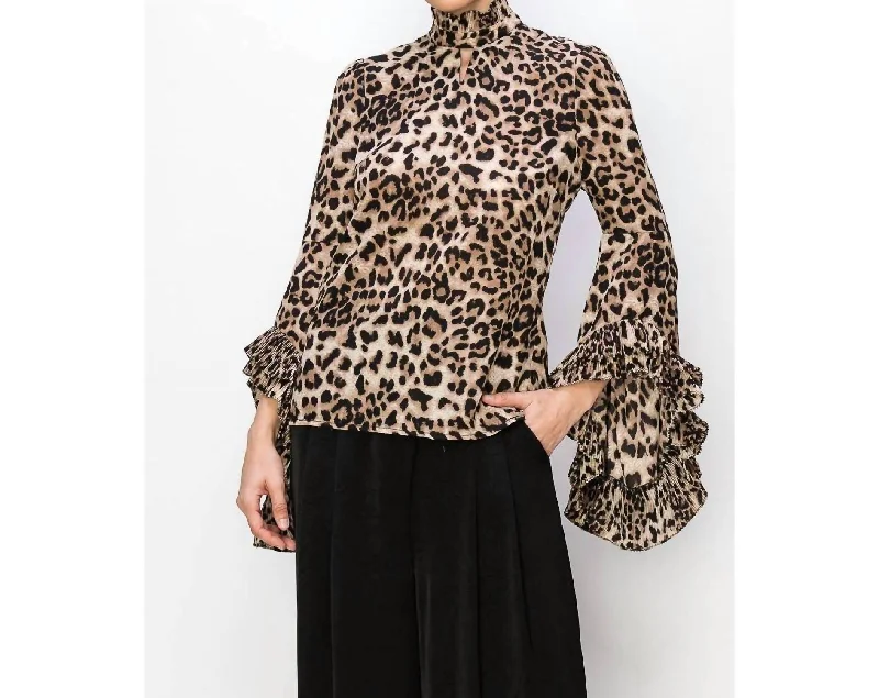 Leopard Print Pleated Ruffle Long Sleeves Blouse In Brown Animal