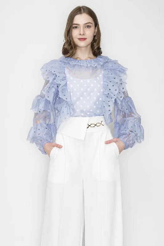 Ice Blue Ruffleed Laser-cut Long Sleeves Blouse Top