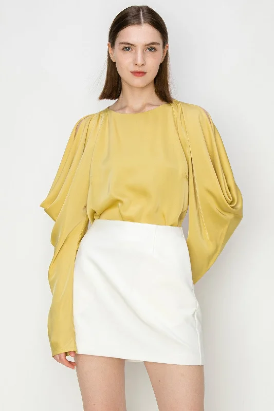 Mustard Draped Cold Shoulder Long Sleeves Blouse Top