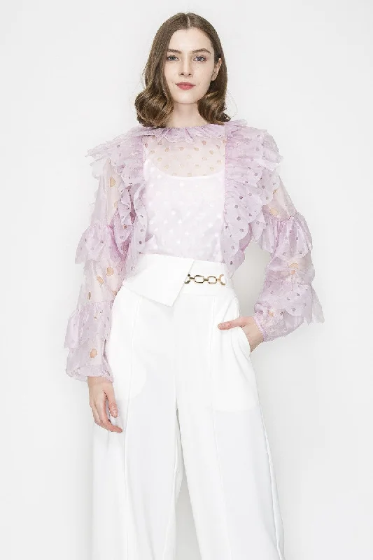 Pink Blush Ruffleed Laser-cut Long Sleeves Blouse Top