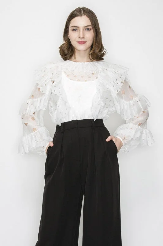 White Ruffleed Laser-cut Long Sleeves Blouse Top