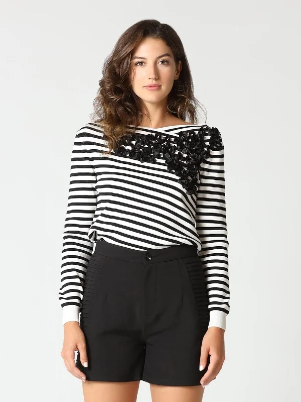 Surpliced Style Striped Long Sleeves Top w/Flower