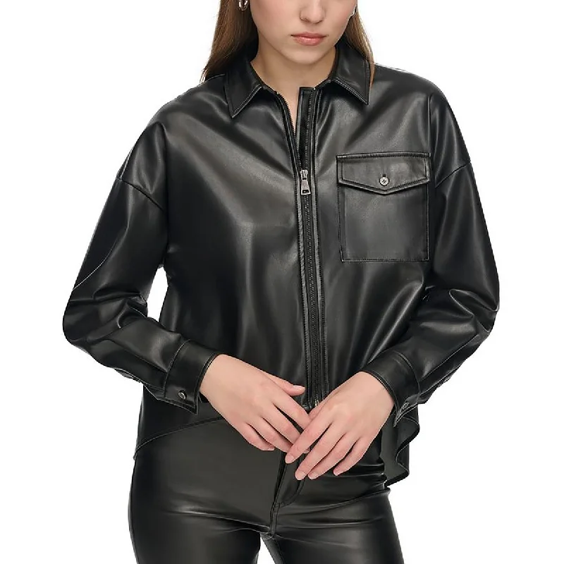 Womens Faux Leather Long Sleeves Peplum Top