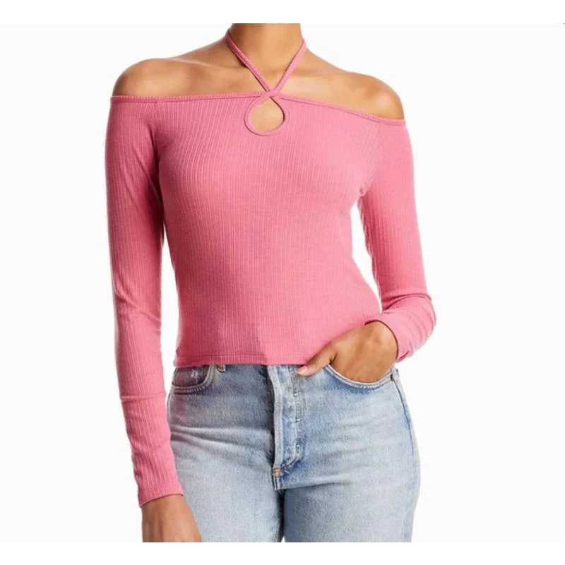 AQUA Ladies Mauve Pink Strappy Knit Halter Tie Top, Long Sleeves