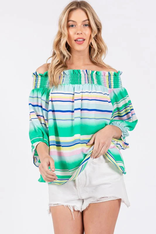 GREEN STRIPED OFF SHOULDER SMOCKING TOP TU13624PB