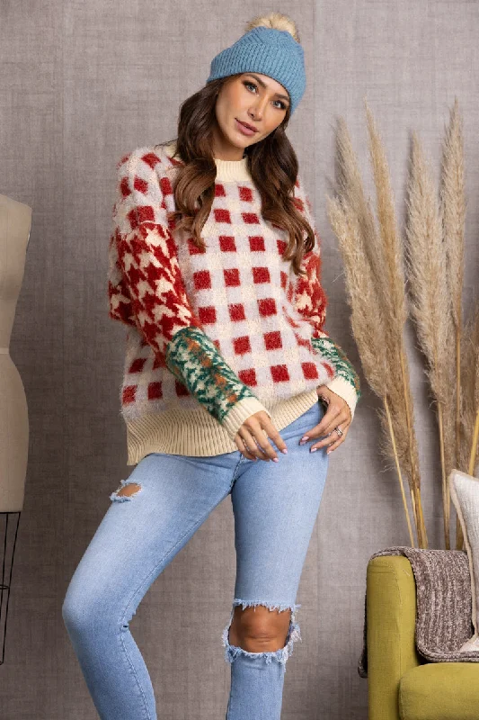 RED FUZZY PLAID WRAP SWEATER TI10613