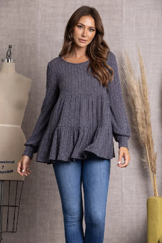 CHARCOAL RIBBED KNIT CUFF LONG SLEEVE TOP-TJ10119