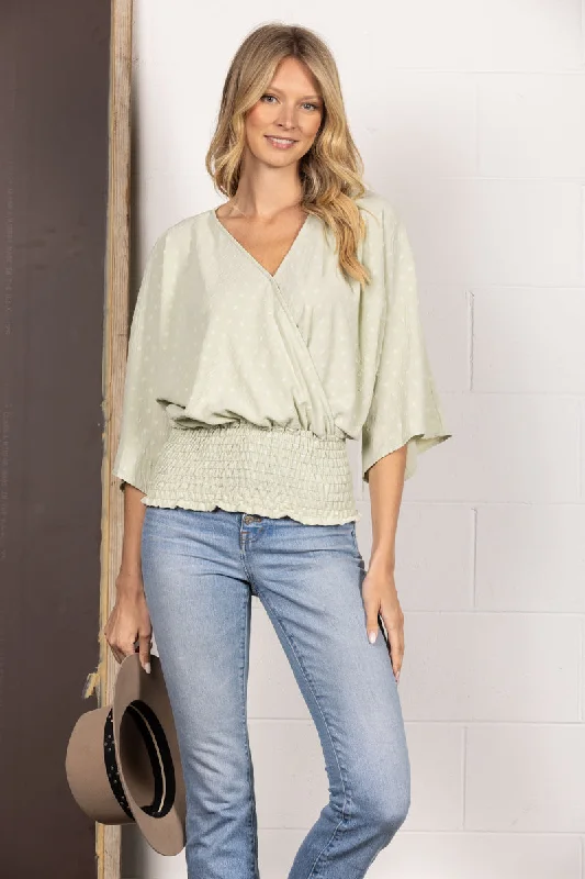 SAGE SWISS DOT DOLMAN SLEEVES TIERED BANDED HEM TOP TM6193H