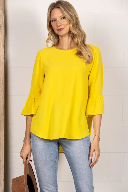 YELLOW ROUND NECK RUFFLED BELL 3/4 SLEEVES TOP TY2305A